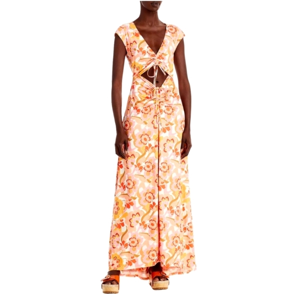 Afrm By Anthropologie Lizette Slinky Floral Cut-Out Maxi Dress